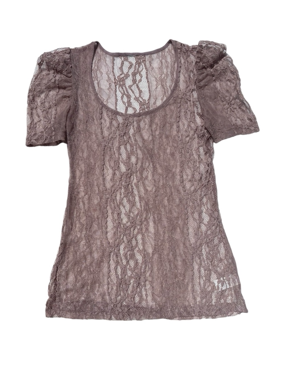 Vintage Y2K h.i.p. Sheer Taupe Lace Puff Sleeve Top Whimsy Romantic Coquette